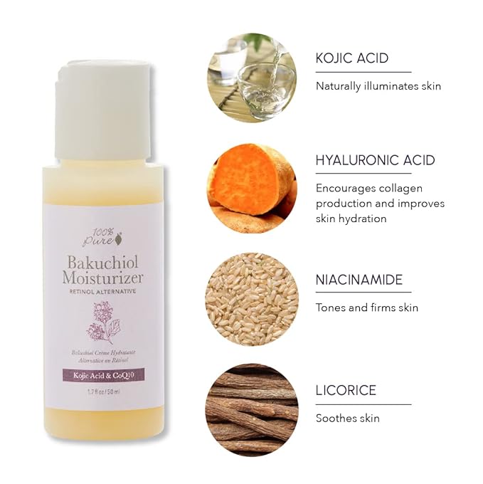 100% PURE Bakuchiol Facial Moisturizer Natural Retinol Alternative Face Cream with Anti Aging Antioxidants Hyaluronic & Kojic Acid Squalene Daily Skincare for Women & Men - 1.7 fl oz-FemmiqueWomen