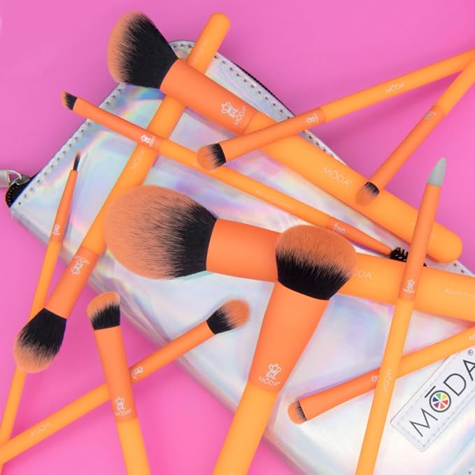 MODA Totally Electric Neon Orange Full Face Makeup Brush Kit – 13pc Vibrant Brush Set for Face & Eyes with Zip Case-FemmiqueWomen