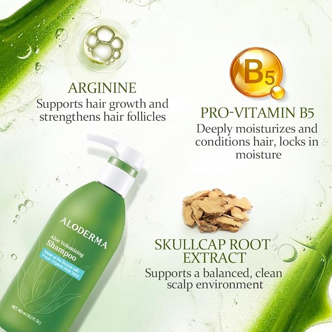 Aloderma Aloe Volumizing Shampoo for Fine, Brittle, & Thinning Hair - Featuring Freshly Harvested Organic Aloe Vera Infused with Arginine & Panthenol - Alcohol, Parabens, Mineral Oil Free - 16oz-FemmiqueWomen