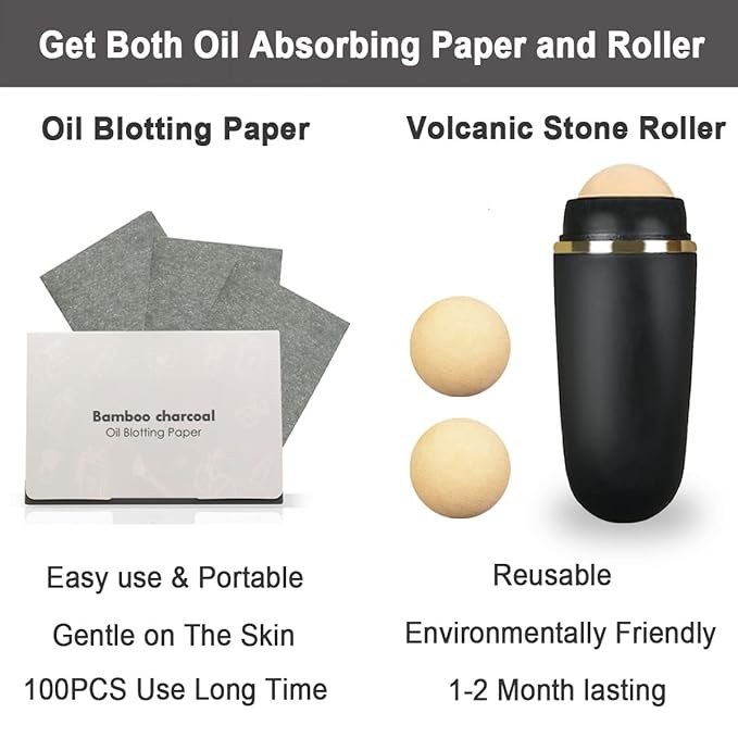 103 PCS Volcanic Roller Oily Skin Oil Control On The Go Volcanic Face Roller Oil Absorbing Volcanic Roller with Oil Blotting Sheet Paper for Oily Skin Care Oil Control Film Tissues (Type2)-FemmiqueWomen