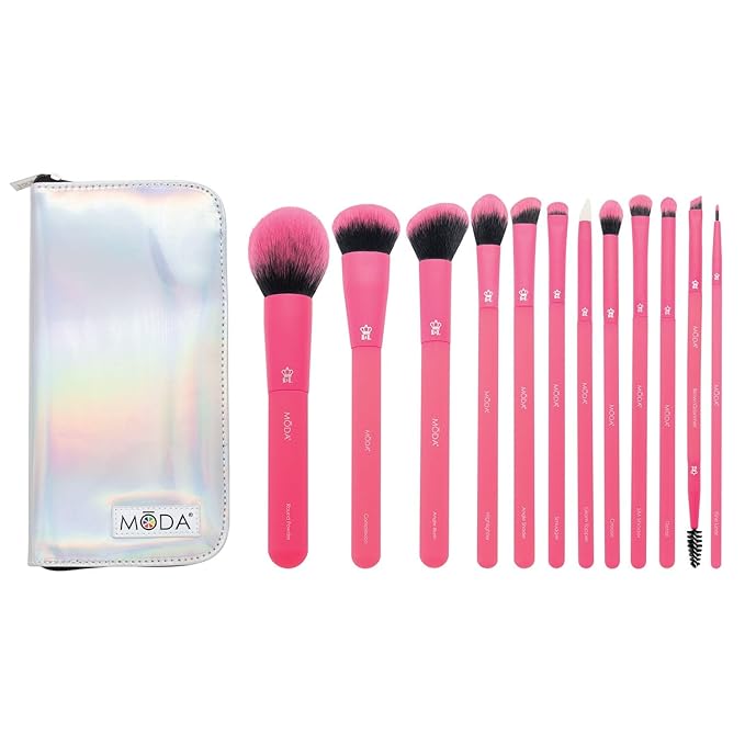 MODA Totally Electric Neon Full Face Makeup Brush Kit – 13pc Vibrant Brush Set for Face & Eyes with Zip Case (Neon Pink)-FemmiqueWomen
