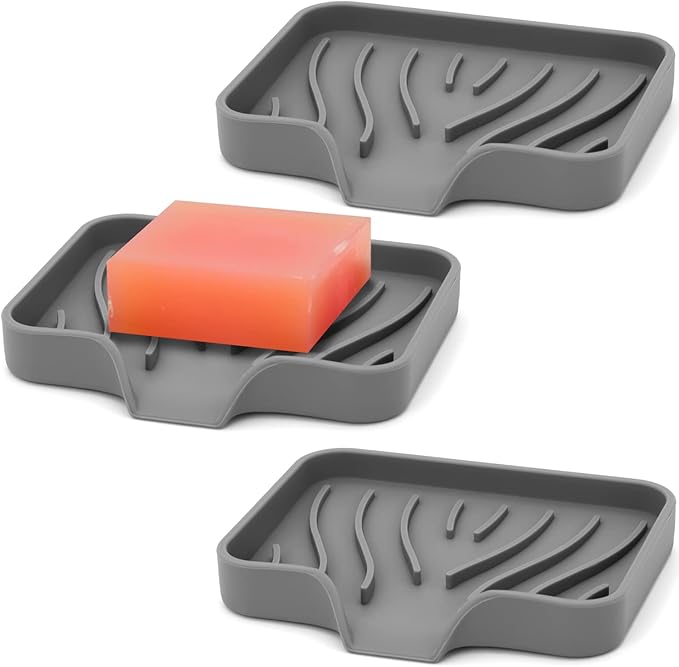 3-Pack Silicone Soap Dish Bar Soap Holder, Self Draining Soap Tray for Shower, Bathroom, Kitchen, Bathtub (Grey)-FemmiqueWomen
