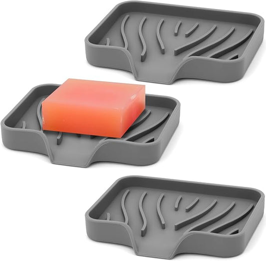 3-Pack Silicone Soap Dish Bar Soap Holder, Self Draining Soap Tray for Shower, Bathroom, Kitchen, Bathtub (Grey)-FemmiqueWomen