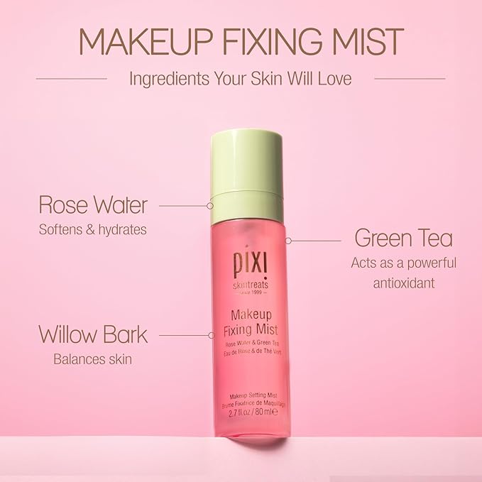 Pixi Beauty Makeup Fixing Mist 80ml, All Over Setting Spray For Longer Wearing Makeup, Rose Water and Green Tea Infused, 2.7 Fl Oz-FemmiqueWomen