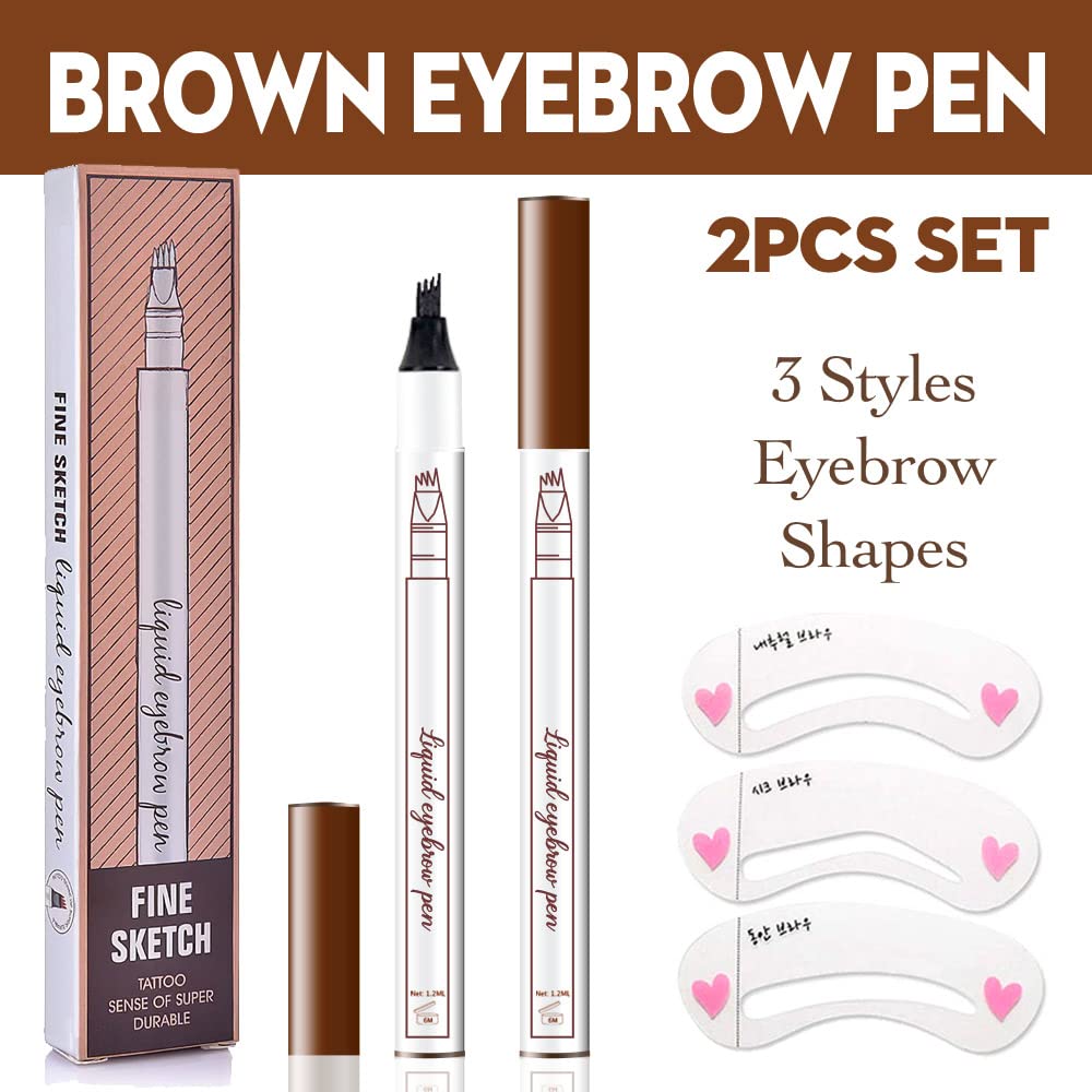 2 Pcs/Set Eyebrow Ink Pencil by Brow Stylist -Micro 4 Point Brow Pen Lift & Snatch Eyebrow Pen Kits with 3 Eyebrow Stencil Long-Lasting Waterproof Natural Eyebrow Hair (2# brown)-FemmiqueWomen