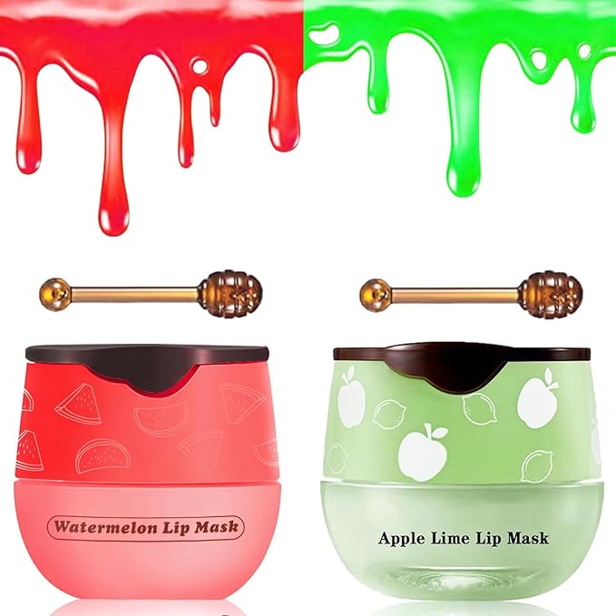 2 PCS Bee Lip Balm Honey Pot, Watermelon & Apple Lime Sleeping Lip Mask Overnight, Hydrating Prevention Dry and Cracked Lip Scrub, Reduces Lip Lines, Brightening Lip Color-FemmiqueWomen