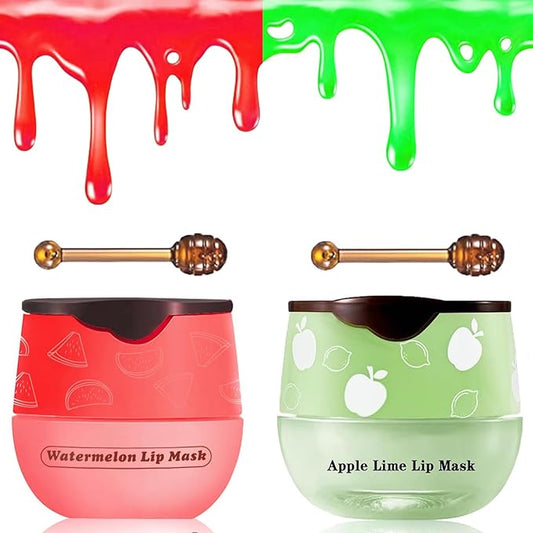 2 PCS Bee Lip Balm Honey Pot, Watermelon & Apple Lime Sleeping Lip Mask Overnight, Hydrating Prevention Dry and Cracked Lip Scrub, Reduces Lip Lines, Brightening Lip Color-FemmiqueWomen