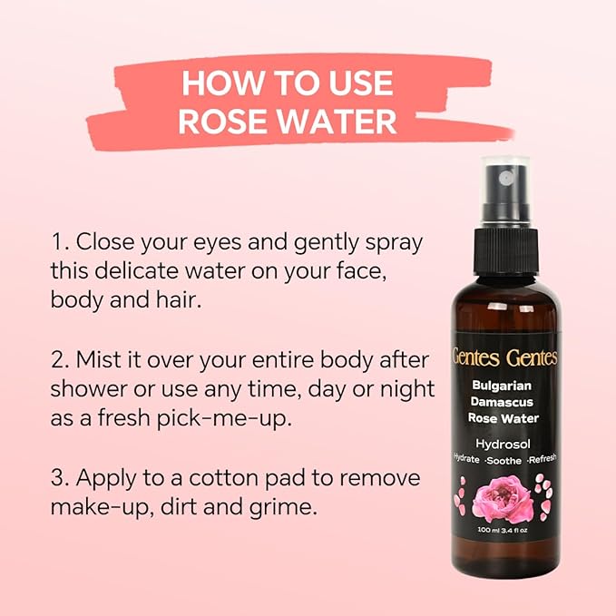 100% Pure Bulgarian Damascus Rose Water Hydrosol – Luxury Facial Toner for Hydration & Radiant Skin, Body Mist & Pillow Spray | Natural Skincare | 3.4 fl oz-FemmiqueWomen