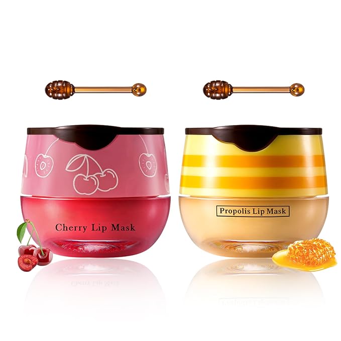 2PCS Bee Lip Balm Honey Pot Cherry Honey Lip Balm Sleeping Lip Mask Silky Hydrating Bee Lip Balm Honey Lip Mask Overnight Lip Care Products(Honey+Cherry)-FemmiqueWomen
