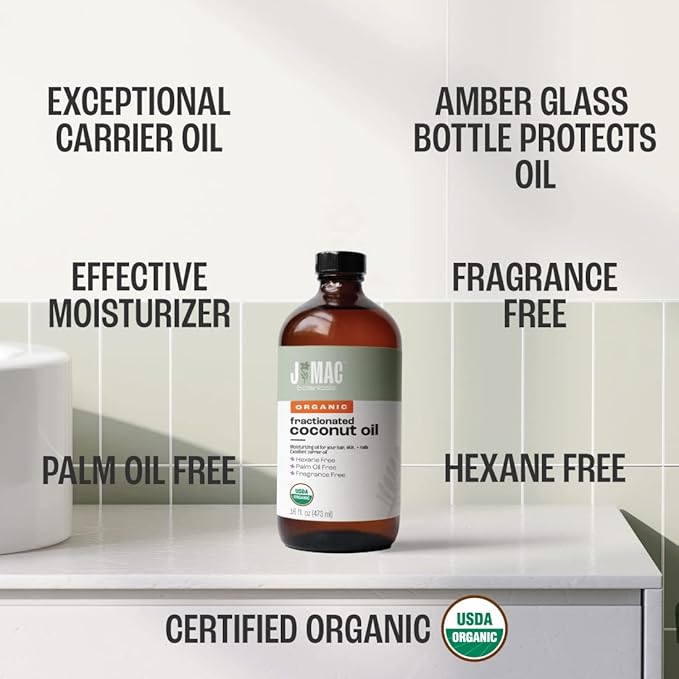J MAC BOTANICALS Organic Fractionated Coconut Oil (16 Ounce Glass Bottle) Organic Carrier Oil and for DIluting Essential Oils, Moisturizer, Hair Care-FemmiqueWomen