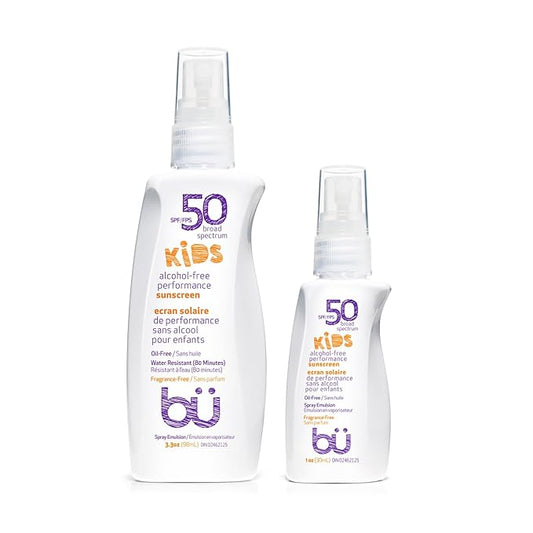 BU SPF 50 Fragrance Free Kids Sunscreen Spray for Face and Body, TSA Travel Size Sunscreen, Clear Non Aeorsol Spray, Non Greasy, Water Resistant and Oil Free, 3.3 oz and 1 oz (2-Piece Bundle)-FemmiqueWomen
