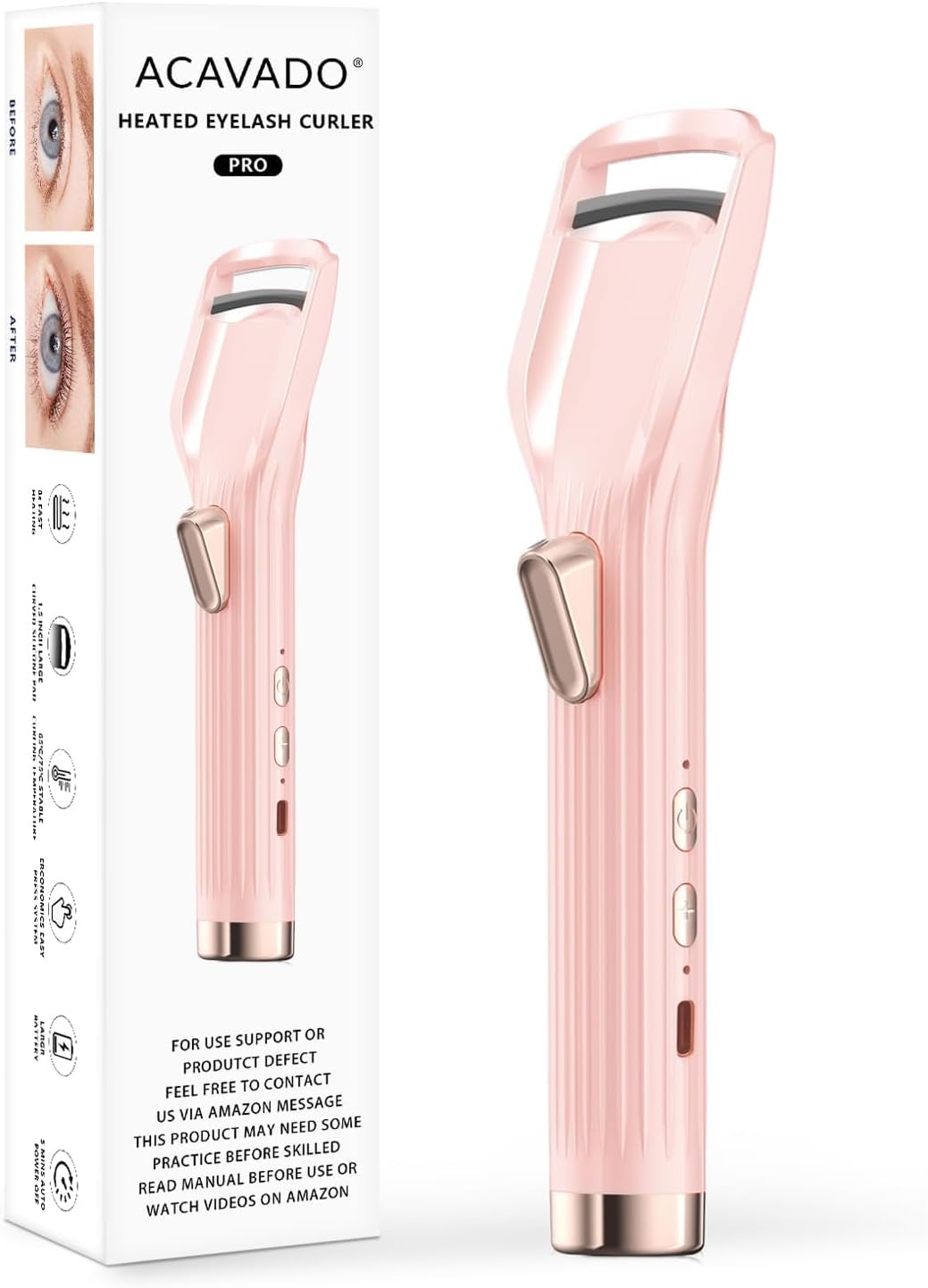 Heated Eyelash Curler Premium PRO - Fast Heat up in 8s - 24 Hours Long Lasting - Rechargeable Electric Eyelash Curler with Type-C, Innovative L Silicone, 2 Heat Modes, Anti-Burn Eyelid, Pink-DB-FemmiqueWomen
