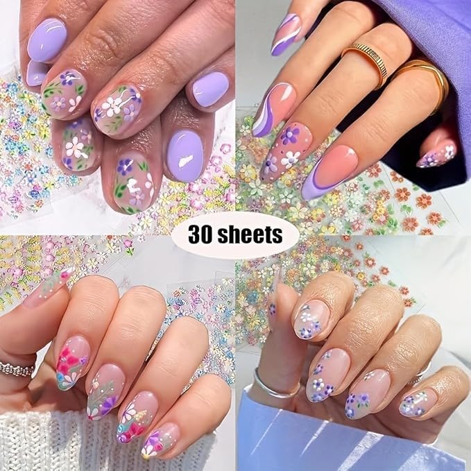 30 Sheets Flower Nail Stickers Colorful 3D Self Adhesive Cute Daisy Floral Nail Decals Heart Nail Art Charms for DIY Design (ST-F)-FemmiqueWomen