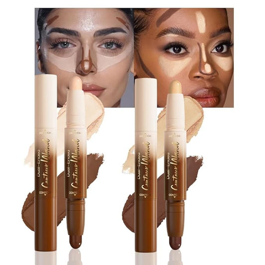 2Pcs 2in1 Cream Contour Highlighter Stick, Dual-Ended Highlighter Makeup Contour Stick, Contour Stick Dual Ended For Face Body Makeup,Long Lasting Waterproof for All Skin Tones (02+04)-FemmiqueWomen