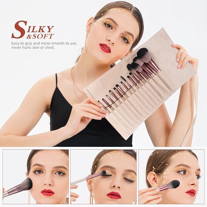 DUcare Makeup Brushes with Bag - 14Pcs Professional Synthetic Make Up Brushes Set for Blush Concealer Foundation Bronzer Powder Eyebrow Eyeshadow Blending Makeup Brush Set Mekaup bag, Rose Golden-FemmiqueWomen