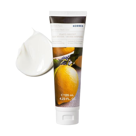 KORRES Elasti-Smooth Basil Lemon Body Butter With Shea Butter, Squalane And Greek Safflower Oil For Velvety Skin Texture, Fast Absorbing Whipped Moisturizer With Herbal Citrus Scent, 4.23 Fl Oz-FemmiqueWomen