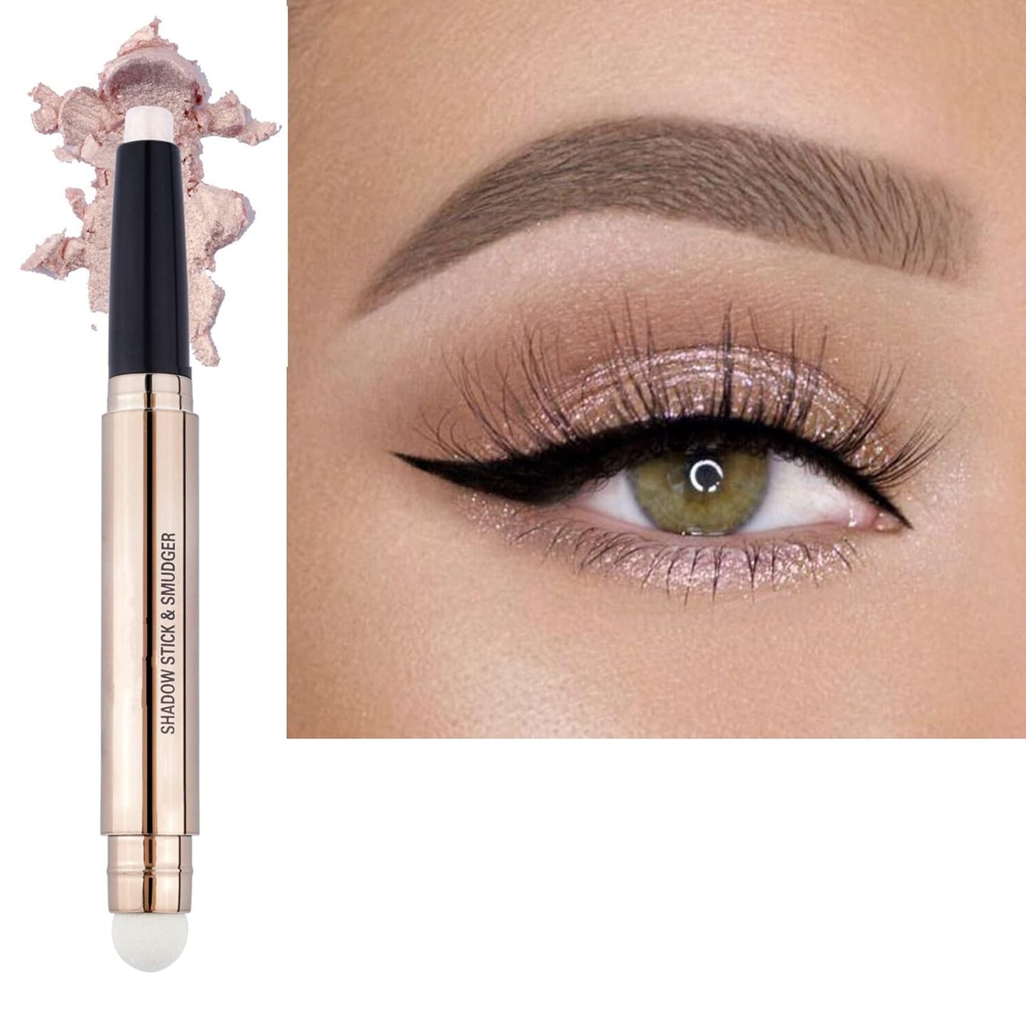 2 in 1 eyeshadow stick and Sponge Makeup Brush, Smooth Cream Shimmer Shadow Pencil Long Lasting Waterproof Eye Shadow Highlighter Stick Makeup , Hypoallergenic Highlighter Multi-Dimensional eyes Look-FemmiqueWomen
