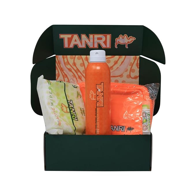 TANRI Primo Explorer Pack; Includes SPF50+ Sunscreen Spray that Goes on Clear, Active Wipes No-Rinse Body Wipes, Moisturizing SPF15 Pear Lip Balm and an Adjustable Fanny Pack (4-Pack Bundle)-FemmiqueWomen