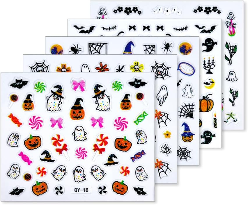 30 Sheet Halloween Nail Art Stickers Decals Cute Ghost Pumpkin Design Spider Web Scary Eyes Acrylic Nails Supplies for Women Manicure Decorations-FemmiqueWomen