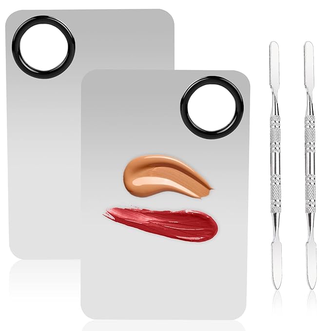 2 Sets Foundation Palette Makeup Mixing Palette Stainless Steel Cosmetic Mixing Palette with Spatula Makeup Artist Tool for Mixing Foundation Eye Shadow Eyelash Nail Art (4.52 x 2.99 inch)-FemmiqueWomen