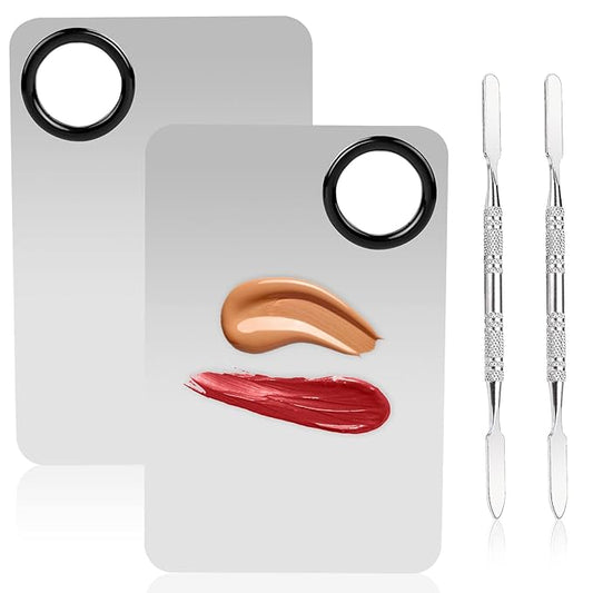 2 Sets Foundation Palette Makeup Mixing Palette Stainless Steel Cosmetic Mixing Palette with Spatula Makeup Artist Tool for Mixing Foundation Eye Shadow Eyelash Nail Art (4.52 x 2.99 inch)-FemmiqueWomen
