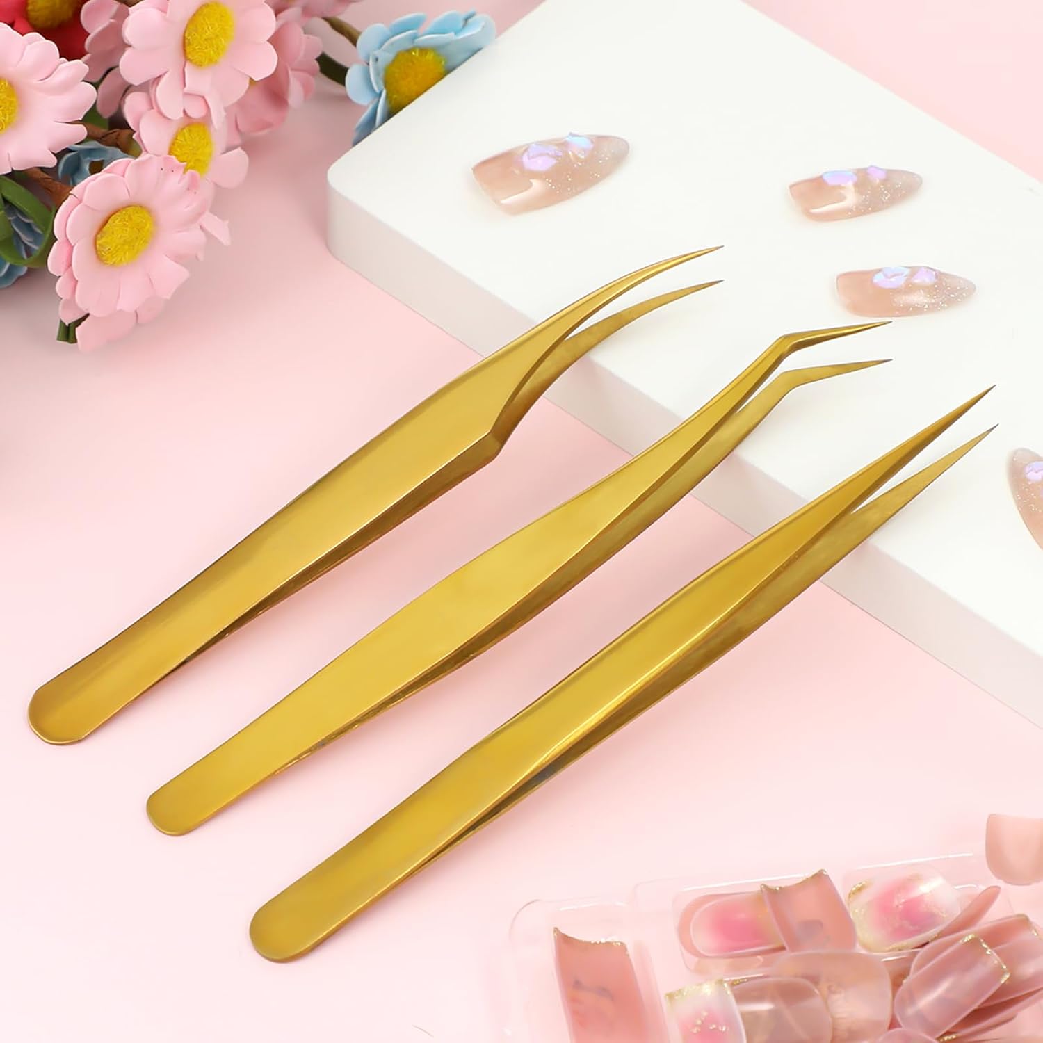 3 PCS Lash Tweezers for Eyelash Extensions, High Precision Gold Metal Tweezers Set Fiber Tip and Curved Isolation Tweezers Eyelash Extension Tools for Women Volume Lash, Crafting, Jewelry Making-FemmiqueWomen