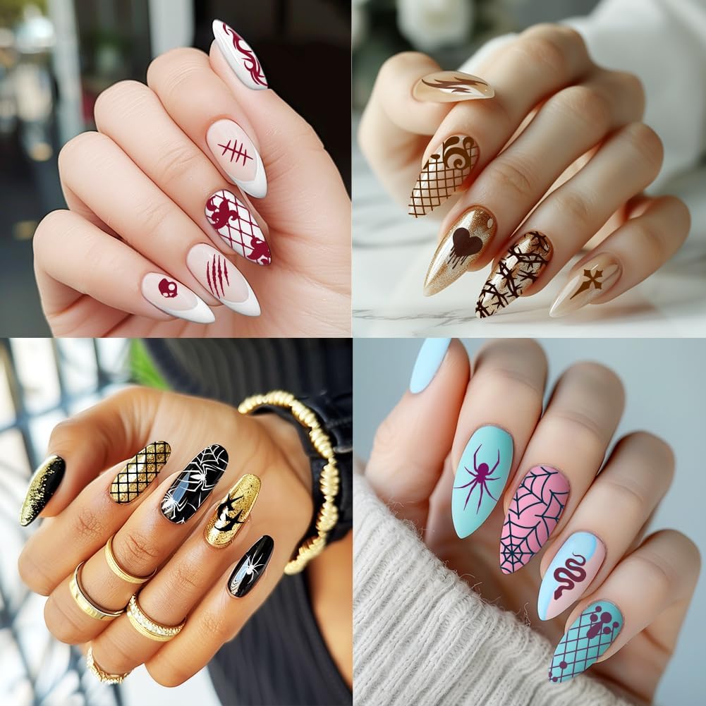 3Pcs Bone Skull Nail Stamping Plate Set Halloween Skeleton Gothic Nail Stamp Templates Cobweb Bat Thorns Metal Reusable Tools with Stamper Scraper for Manicure Printing-FemmiqueWomen