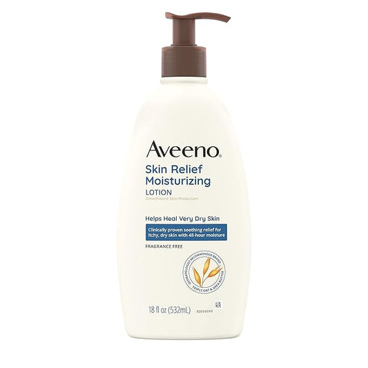 Aveeno Skin Relief Fragrance-Free Moisturizing Lotion for Sensitive Skin, with Natural Shea Butter & Triple Oat Complex, Unscented Therapeutic Body Lotion for Itchy, Extra-Dry Skin, 18 fl. oz-FemmiqueWomen