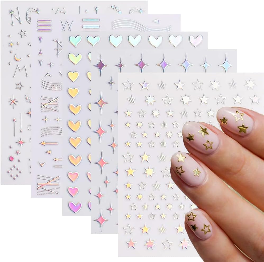 10 Sheets Aurora Nail Art Stickers 3D Pegatinas Uñas Holographic Laser Heart Star Moon Flame Nail Decals Self Adhesive Nail Stickers Nail Supplies DIY Nail Design Nail Art Decoration-FemmiqueWomen
