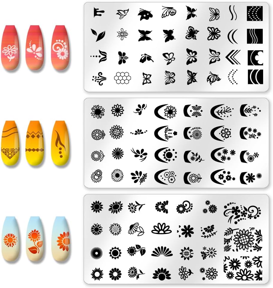 3Pcs Butterfly Nail Stamping Templates Flowers French Line Tip Art Stamp Image Plate Stainless Steel DIY Reusable Tools for Manicure Printing-FemmiqueWomen