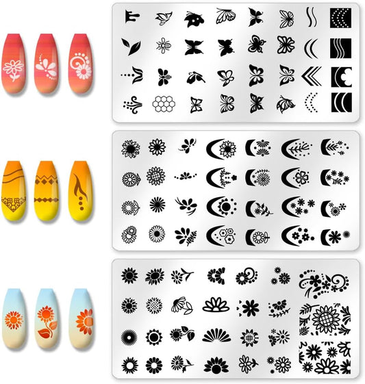 3Pcs Butterfly Nail Stamping Templates Flowers French Line Tip Art Stamp Image Plate Stainless Steel DIY Reusable Tools for Manicure Printing-FemmiqueWomen