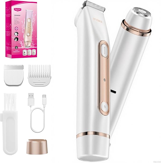 2 in 1 Bikini Trimmer for Women, Dual Head Electric Razor, IPX7 Waterproof Wet/Dry Use Women Electric Shaver, Painless Body Facial Hair Remover for Bikini Legs Arm Underarm, (White)-FemmiqueWomen