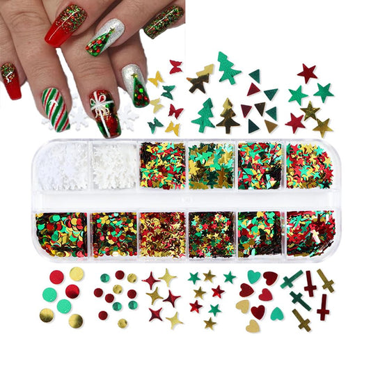 12 Grids Christmas Nail Art Sequins 3D Holographic Laser Snowflake Star Butterfly Winter Holiday Nail Glitters Red Green White Gold Nail Sparkly Flakes Nail Charms for DIY Christmas Nail Designs-FemmiqueWomen