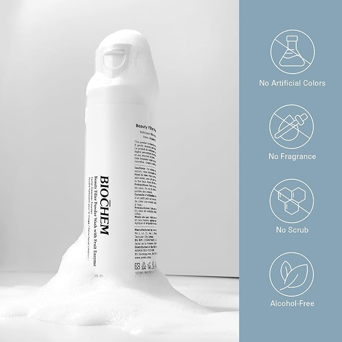 BIOCHEM Beauty Filter Powder Face Wash with Fruit Enzyme, Daily Wash with Papaya & Pineapple Enzyme, Gentle Plant-Based Low pH Exfoliator Cleanser for Women & Men, Sensitive Skin (1.59 fl oz / 45 g)-FemmiqueWomen