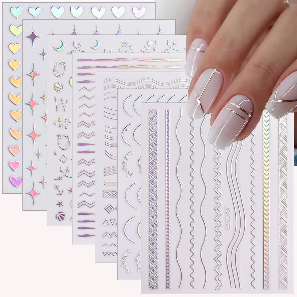 12 Sheets French Line Nail Art Stickers Aurora Star Heart Nail Decals Self-Adhesive Pegatinas Uñas Glitter Holographic Laser Silver Nail Supplies for Women Nail Art Design Decoration-FemmiqueWomen
