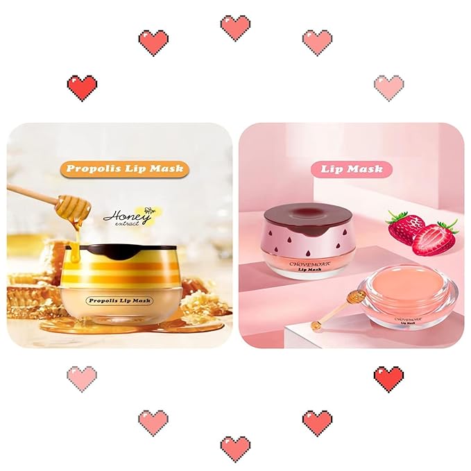 2 Pack Nourishing Lip Balm Honey Pot, Moisturizing Honey & Strawberry Propolis Lip Mask, Hydrating & Prevention Dry and Cracked Lip Scrubs Exfoliator Lip Sleeping Mask Reduces Lip Lines-FemmiqueWomen