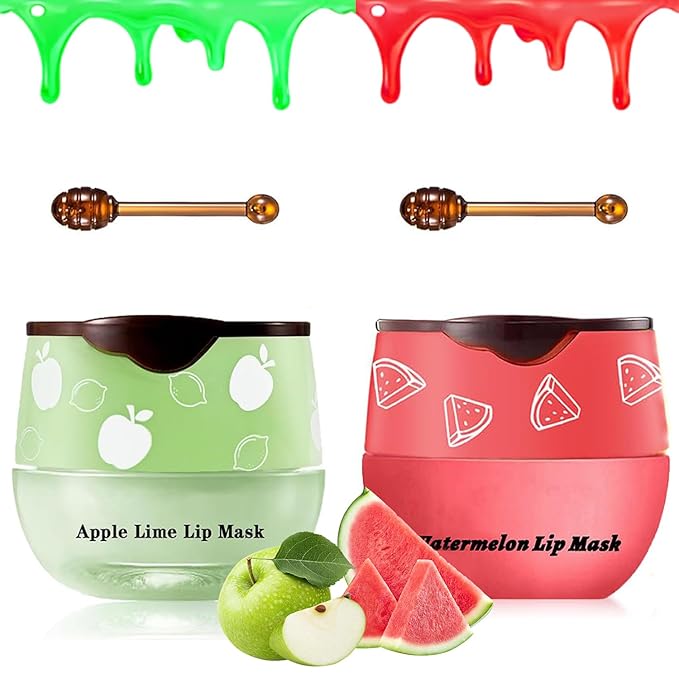 2 PCS Bee Lip Balm Honey Pot, Watermelon & Apple Lime Lip Sleeping Masks Overnight, Hydrating Prevention Dry and Cracked Lip Scrubs Exfoliator Lip Care, Reduces Lip Lines-FemmiqueWomen