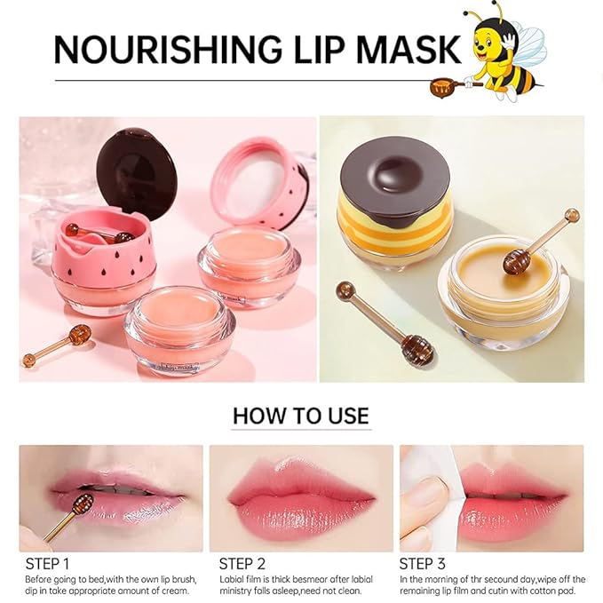 2PCS Bee Balm Lip Balm Honey Pot & Strawberry Sleeping Lip Mask, Propolis Moisturizing Honey Lip Mask Lip Balm, Hydrating & Prevention Dry and Cracked Lip Scrubs Exfoliator, Winter Lip Care Products-FemmiqueWomen