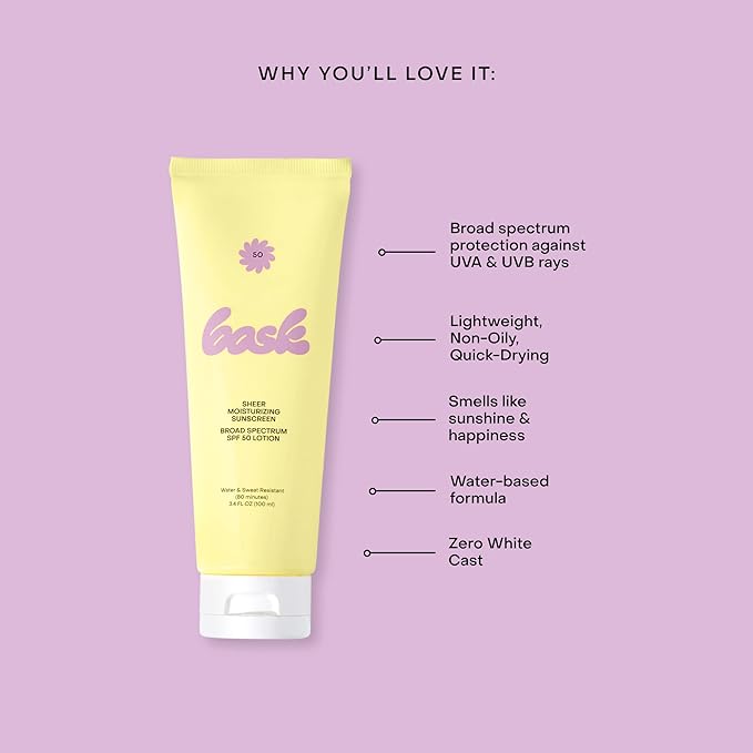 Bask Suncare SPF 50 Sheer Moisturizing Sunscreen Lotion - Broad Spectrum UVA/UVB Protection, Dermatologist Recommended, Hydrating, Lightweight & Fast Absorbing, No White Cast, Travel Size, 3.4 fl oz-FemmiqueWomen