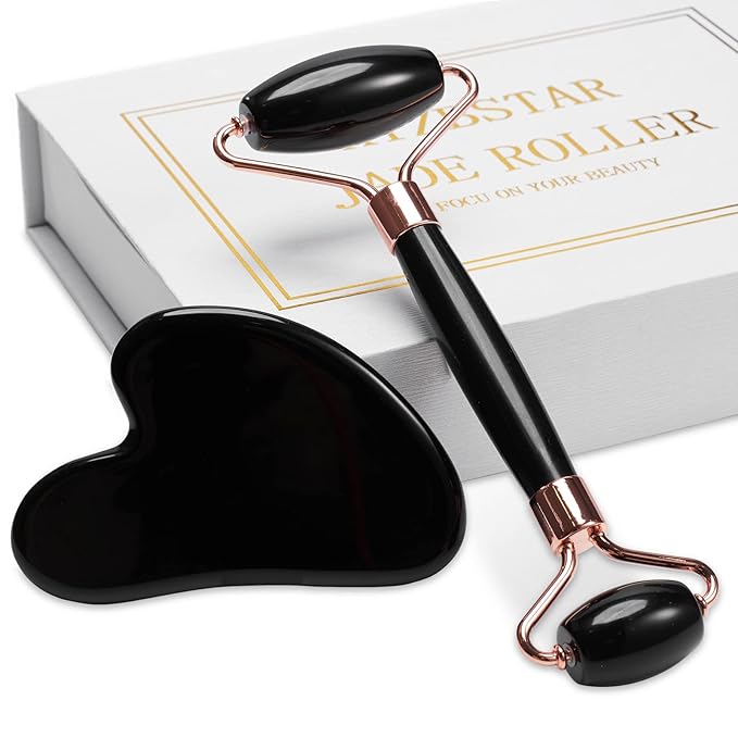 Jade Roller for Face, Facial Roller Massager Skin Care Tool, Gua Sha Facial Tools for Face, Neck, Eyes, Reduce Puffiness of The Skin (Black)-FemmiqueWomen