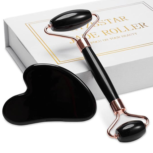 Jade Roller for Face, Facial Roller Massager Skin Care Tool, Gua Sha Facial Tools for Face, Neck, Eyes, Reduce Puffiness of The Skin (Black)-FemmiqueWomen