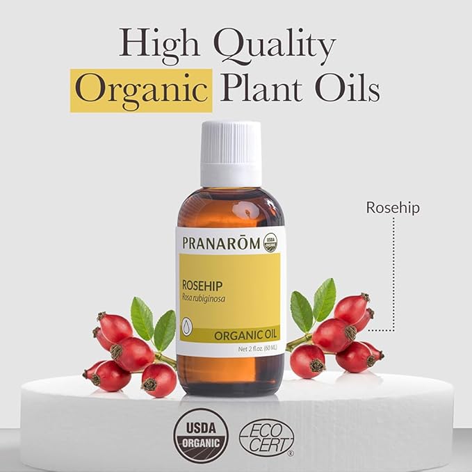 Pranarom - USDA Certified Organic Cold-Pressed Rosehip Virgin Plant Oil - 2 fl oz Glass Bottle - for Anti-Aging, Helps Acne Scar, Massaging, Face, Hair & Skin, Unisex-FemmiqueWomen