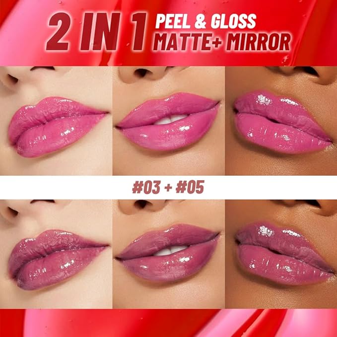 2Pcs Liquid Lip Stain Peel Off Lip liner and Lip oil with Tweezer, Dual-Ended Peel Off Lip Stain Tattoo, Highly Pigmented Long Lasting Waterproof, Transfer-proof for All Skin Types, 03#+05#-FemmiqueWomen