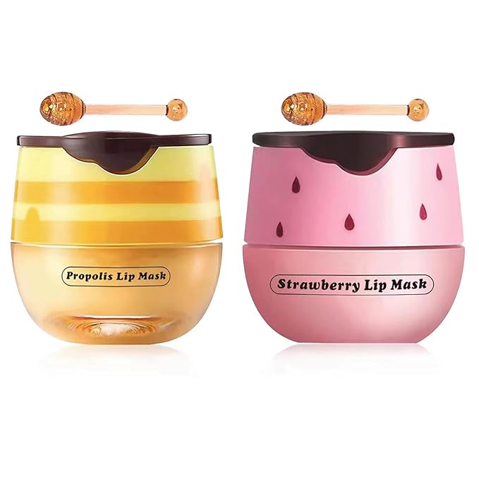 2 Pcs Strawberry & Honey Lip Balm, Lip Mask with Stick, Moisturizing Lip Sleeping Mask Day & Night Lip Care - Hydrate Repair Prevent Dry Cracked Exfoliate (Honey+Strawberry)-FemmiqueWomen