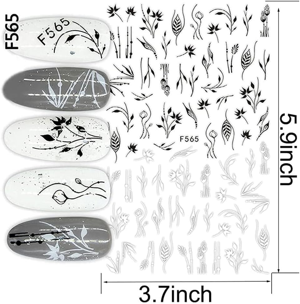 10 Sheets Black White Leaves Flower Nail Art Stickers 3D Self-Adhesive Retro Floral Vine Pattern Nail Decals Tropical Plants Mandala Leaf Geometry Transfer Decals Nail Art Decorations for Women Girls-FemmiqueWomen