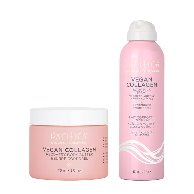 Pacifica Beauty Vegan Collagen Recovery Body Butter and Body Milk Spray Set, Bath and Body, Shea, Vitamin E, Hyaluronic Acid, Body Lotion, Non Aerosol, Body Care, 4.5 fl oz and 6 fl oz (Set of 2)-FemmiqueWomen