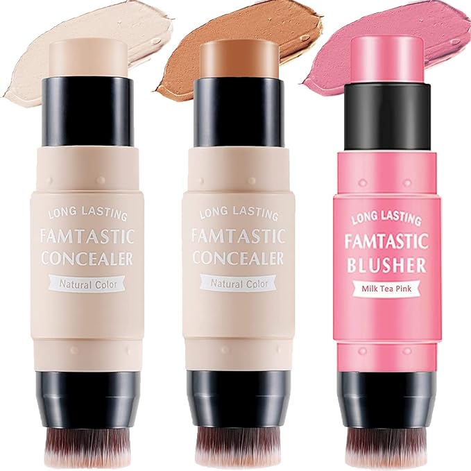 3 Pcs Contour Highlighter Blush Sticks with Brush, Shades with Highlighter & Bronzer Pen & Cream Blush, Waterproof, Longwear Makeup-FemmiqueWomen