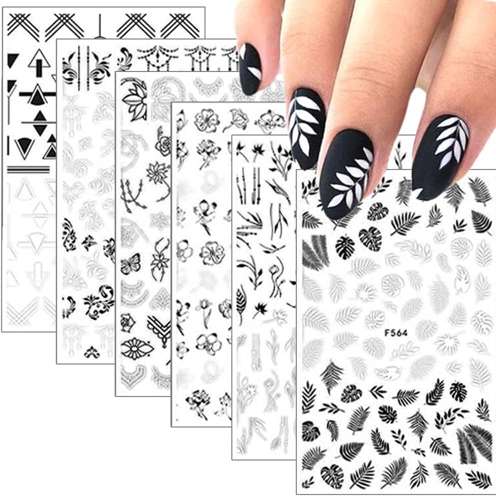 10 Sheets Black White Leaves Flower Nail Art Stickers 3D Self-Adhesive Retro Floral Vine Pattern Nail Decals Tropical Plants Mandala Leaf Geometry Transfer Decals Nail Art Decorations for Women Girls-FemmiqueWomen