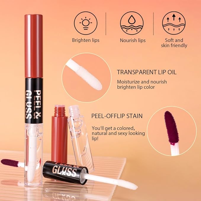 2Pcs Liquid Lip Stain Peel Off Lip liner and Lip oil with Tweezer, Dual-Ended Peel Off Lip Stain Tattoo, Highly Pigmented Long Lasting Waterproof, Transfer-proof for All Skin Types, 03#+05#-FemmiqueWomen