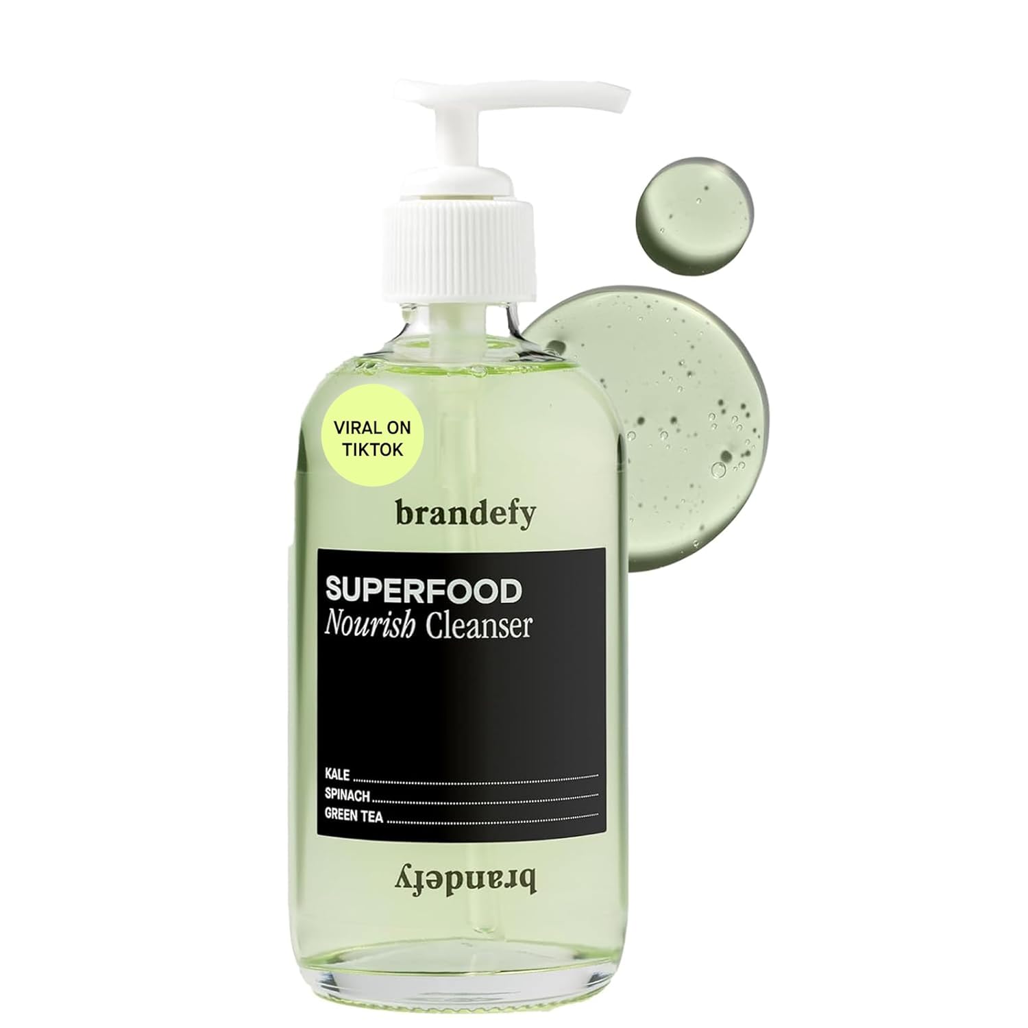 Brandefy Superfood Face Wash, Gentle & pH Balanced Cleanser w/Kale, Green Tea, Spinach, Vitamin C, E, K2- Softens & Nourishes Skin, Organic Facial Cleanser for All Skin Types (8 Fl Oz)-FemmiqueWomen